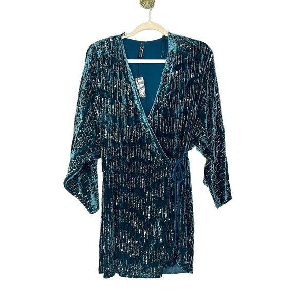 ZARA Trf Collection Velvet Beaded Wrap Mini Dress Turquoise Blue Party Formal S - Picture 1 of 13
